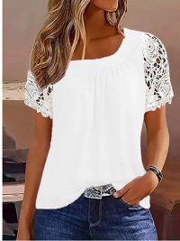 Womens Lace Short Sleeve Crew Neck T Shirts Summer Casual Tops Loose Fit Tees Blouses