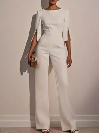 Women's Elegant Round Neck Pearl Accent Jumpsuit