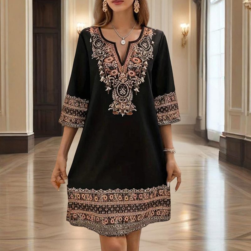 Women's V-Neck Middle Eastern Style Floral Print Midi Dress - Elegant Sleeve Design Lightweight Perfect For Spring&Summer Vacation & Daily Wear