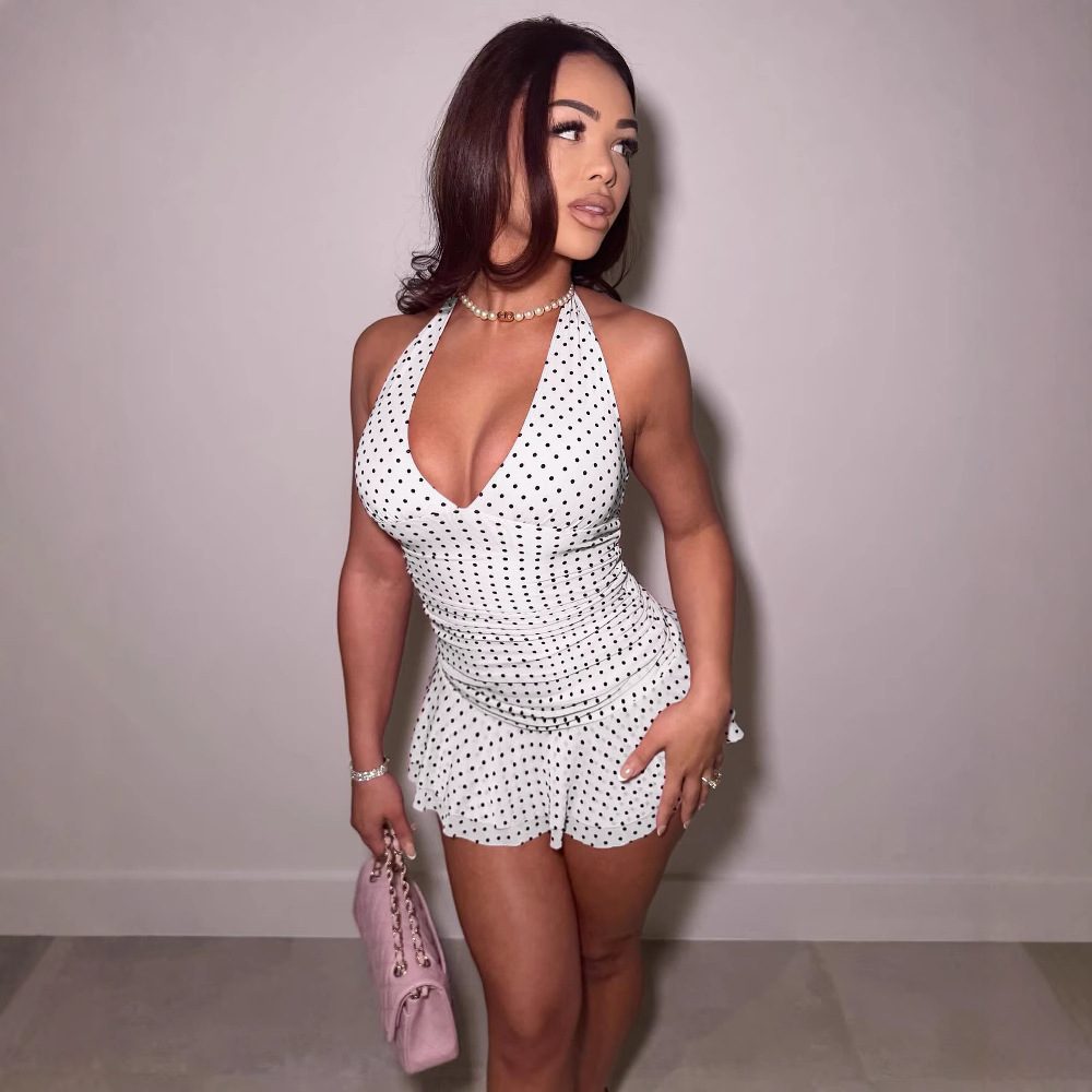 Women's Clothing Printed Sexy V-neck Halter Pleating Polka Dot Dress