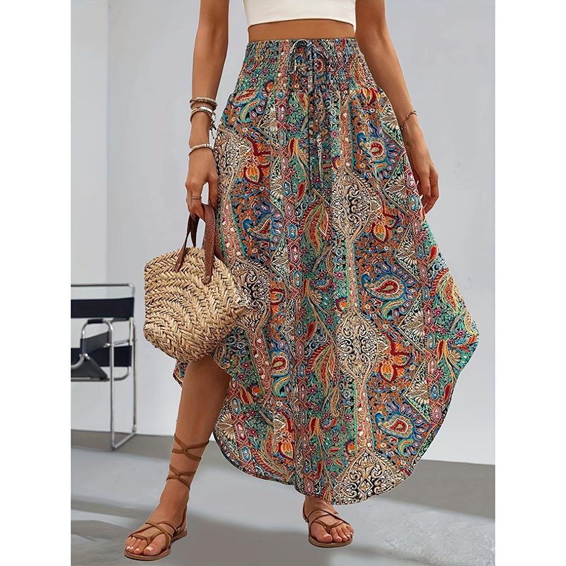 Women's High Elastic Waist Midi Skirt Casual Summer Trendy Tie Front Flowy Floral Print Beach Long Skirt
