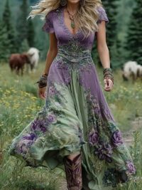 Women's Loose All-match Creative Pattern Totem Deep V Short Sleeve Dress