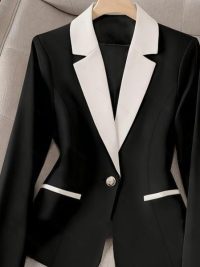 Women's Black And White Contrast Lapel Single Button Suit Top