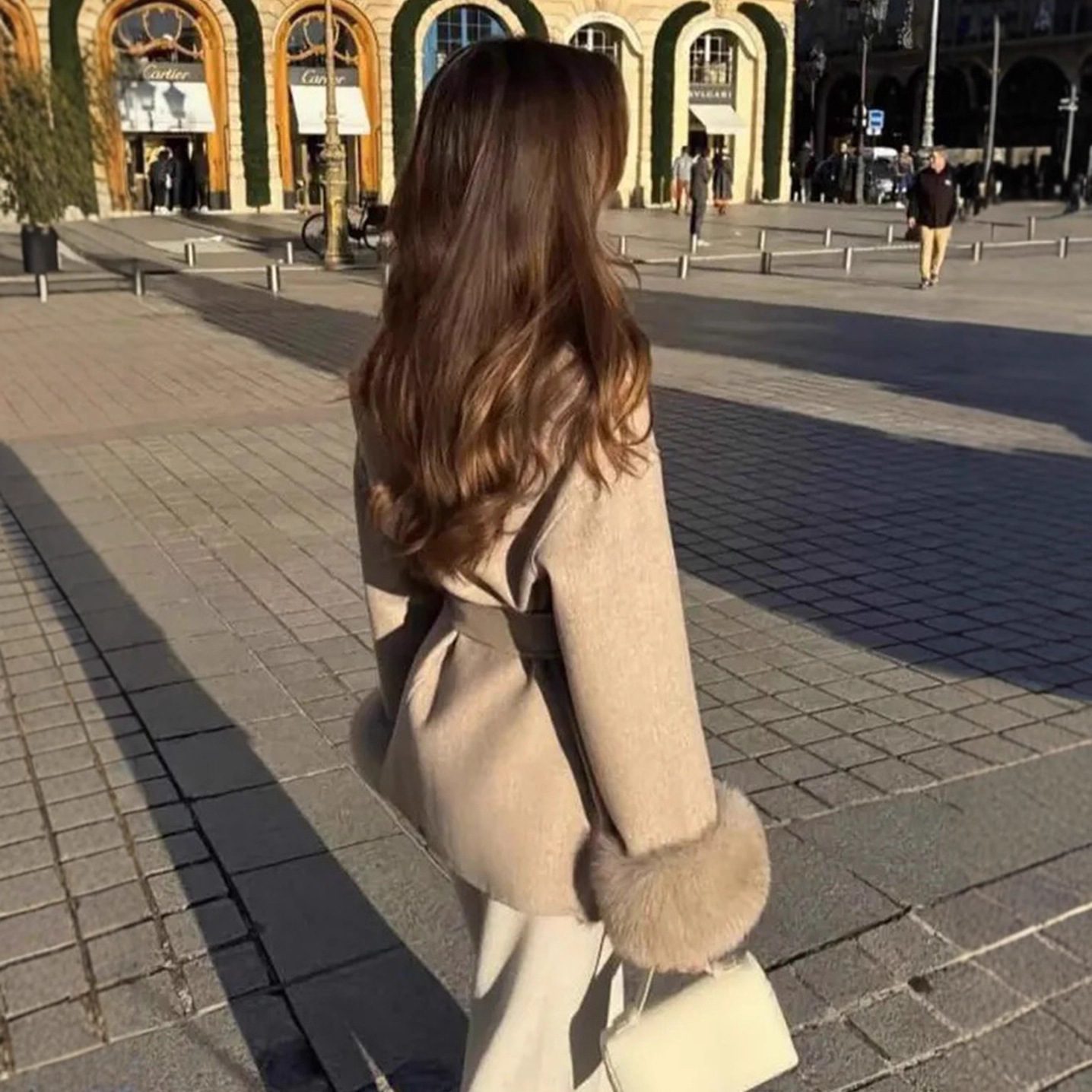 Fur V-neck Lace-up French Woolen Coat