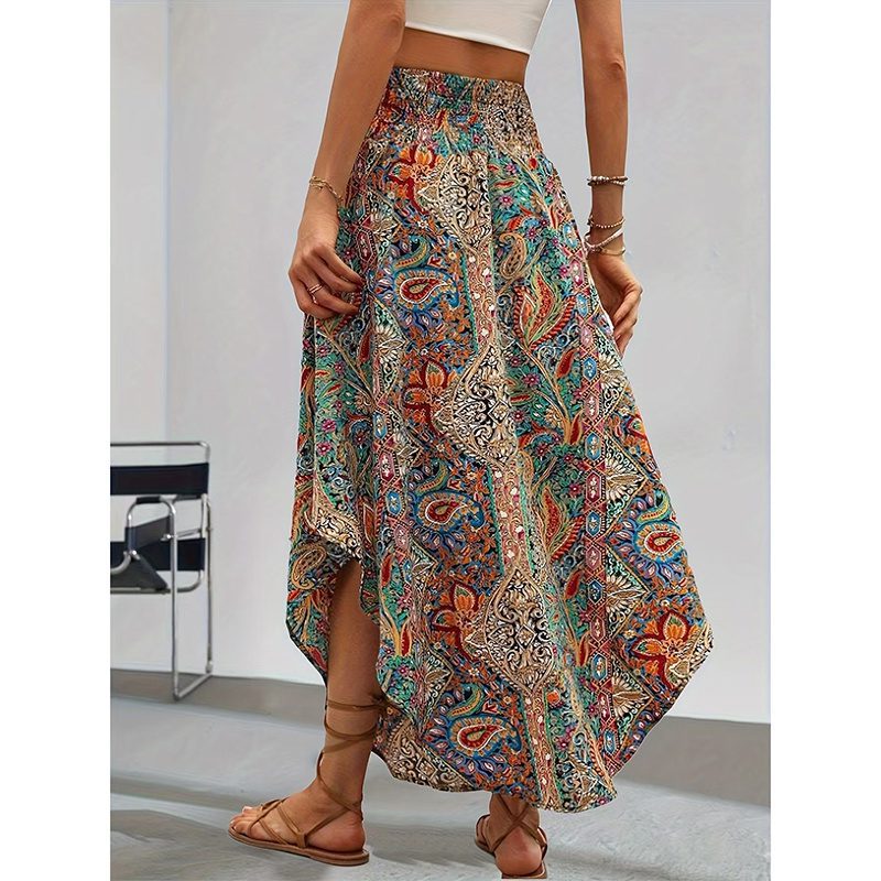 Women's High Elastic Waist Midi Skirt Casual Summer Trendy Tie Front Flowy Floral Print Beach Long Skirt