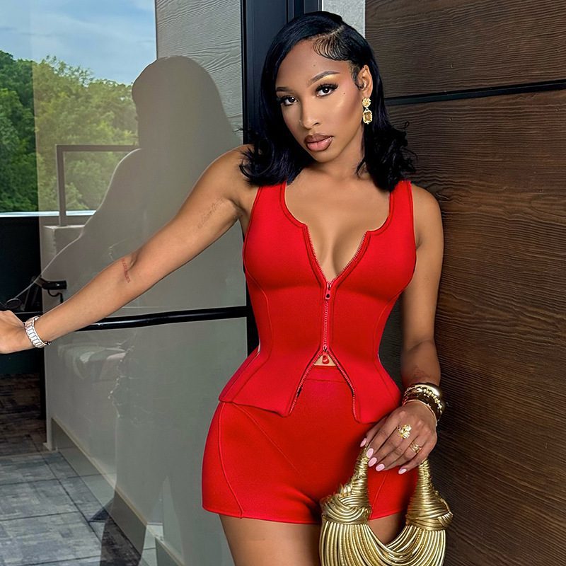 Women's Sexy Exercise Sleeveless Zipper Vest Top Tight Shorts Two-piece Suit