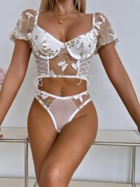 Women's Bubble Sleeve Embroidery Mesh Steel Ring Gathered Vest Sexy Lingerie Two-piece Suit