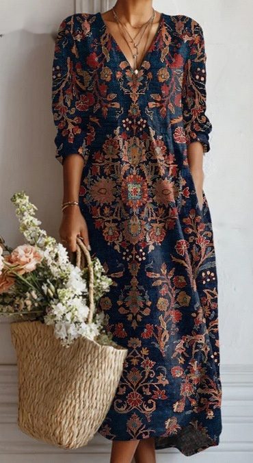 Loose V-neck Fashion High-end Long Sleeve Printed V-neck Dress
