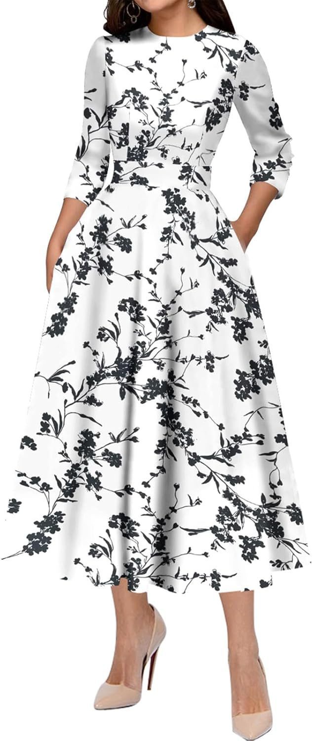 Slim Fit Waist Retro Printed Dress Women With Pockets