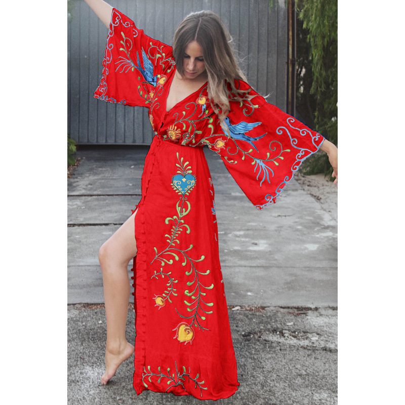 Loose Vacation Bohemian Flowers Embroidery Tassel Dress