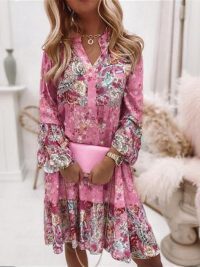 Plus Size Women's Round Neck Button Front Floral Print Dress - Spring Summer Patchwork Midi Dress