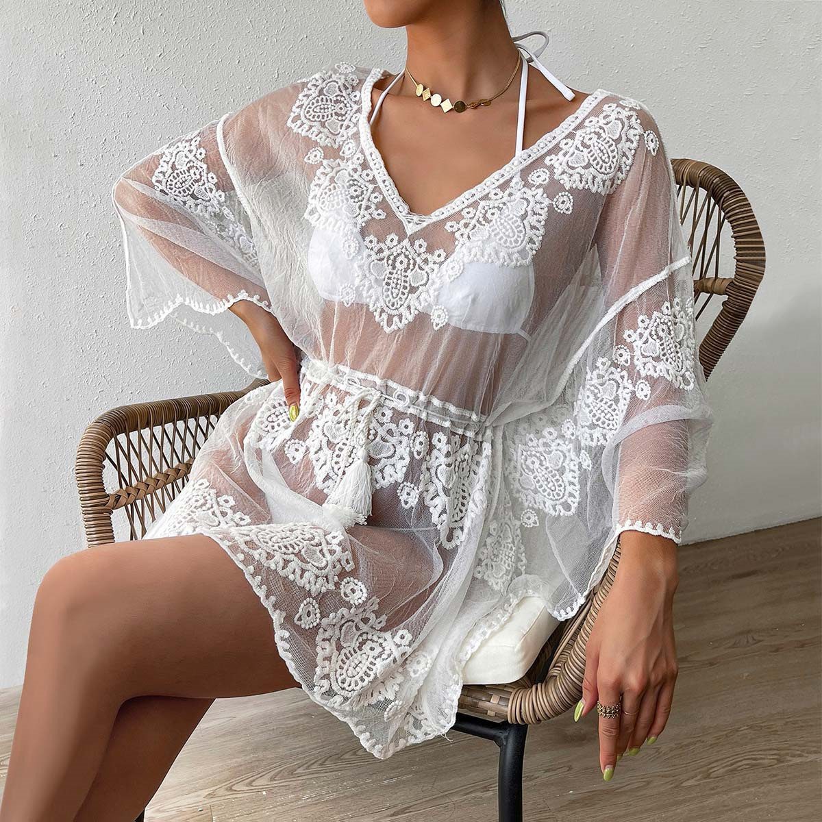 Sexy Texture Water Soluble Vacation Blouse Beach Sun Protection Clothing