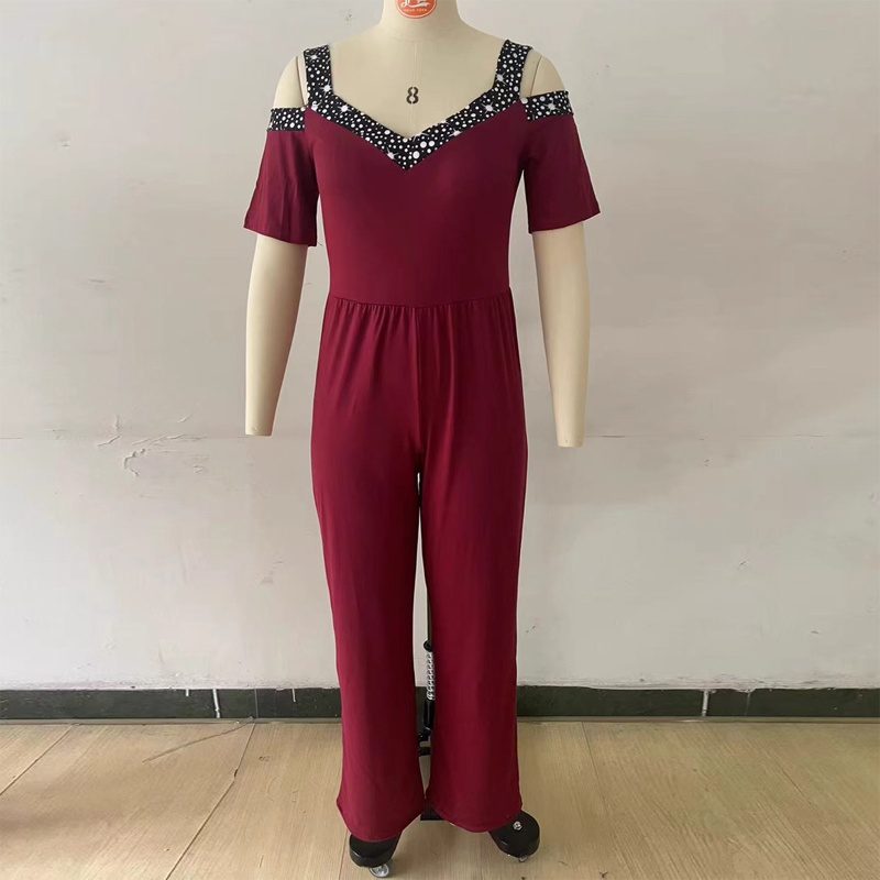 Plus Size Women's V-Neck Rhinestone Jumpsuit