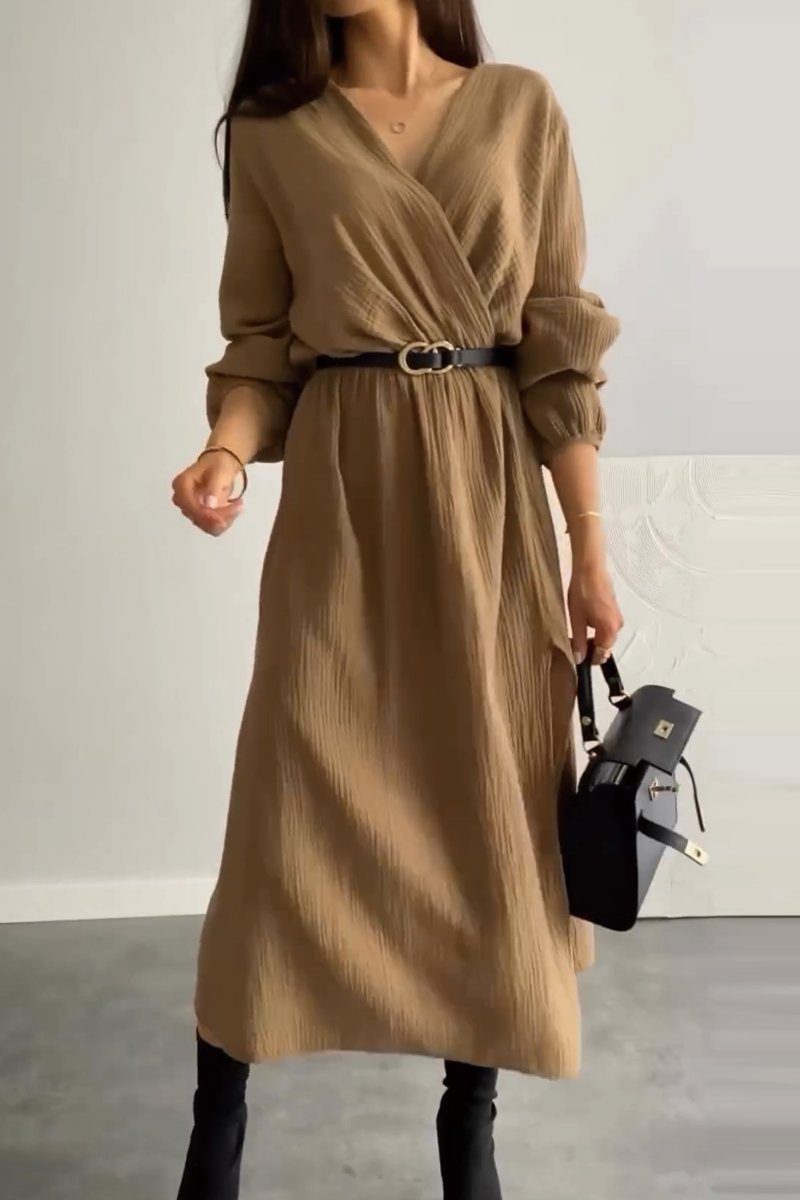 Fashion Long Sleeve Solid Color Waist Tight Dress