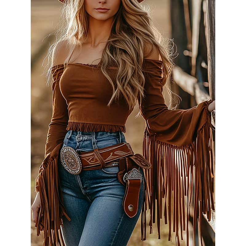Buy Women's Clothing Online | Buy Trending Dresses for Women Women's Western Cowgirl Fringe Trim Tops Sexy Off Shoulder Long Sleeve T Shirts Tassel Top