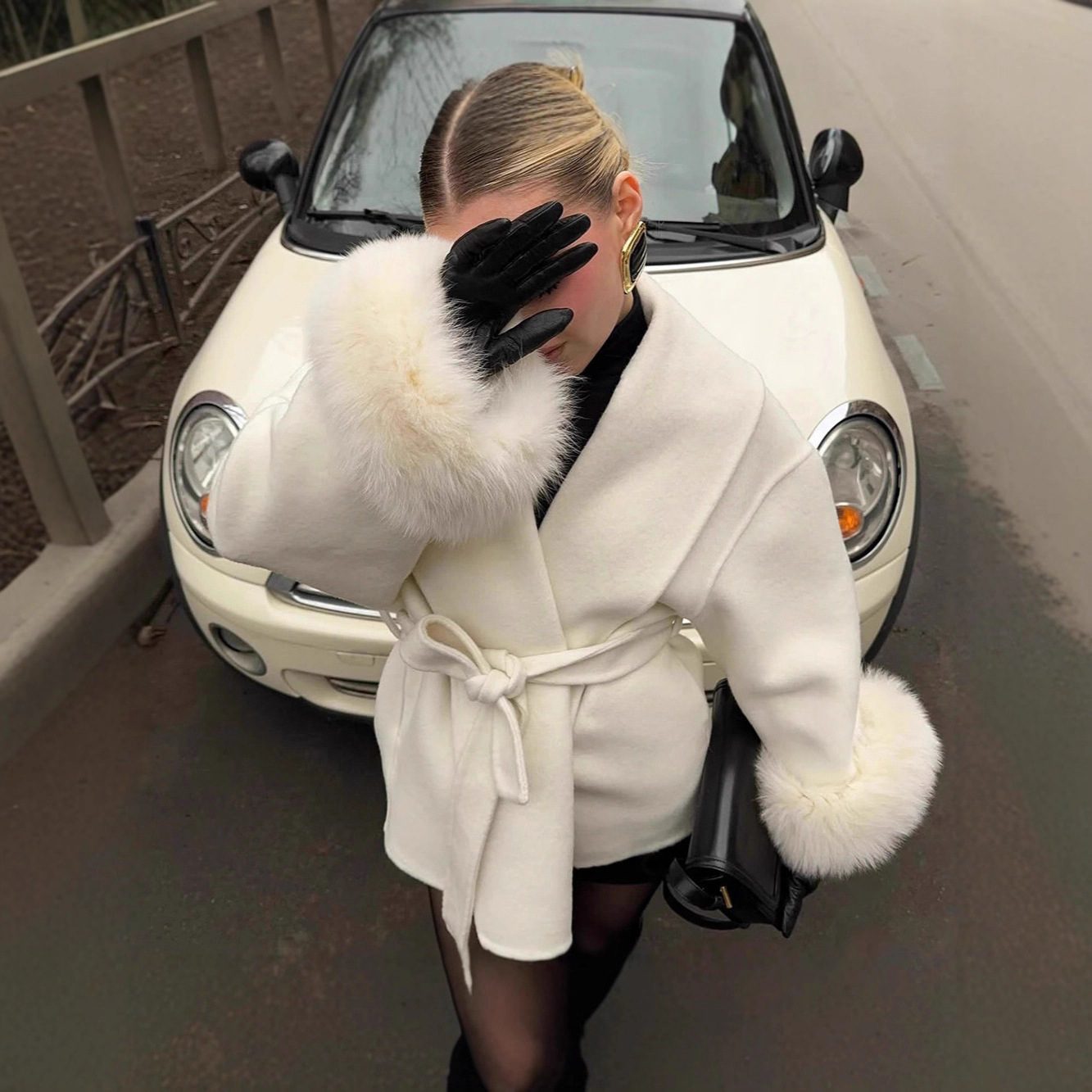 Fur V-neck Lace-up French Woolen Coat