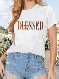 Women's 'BLESSED' Print Short Sleeve T-Shirt - Summer Casual Round Neck Tee