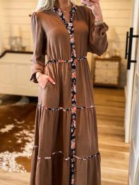 Chestnut Floral Patchwork Detail Notched Neck Long Sleeve Maxi Dress
