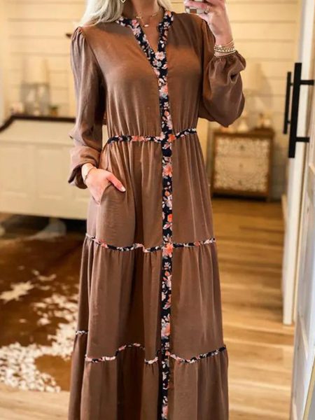 Chestnut Floral Patchwork Detail Notched Neck Long Sleeve Maxi Dress