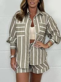 Women's Casual Loose Striped Shorts Shirt Set