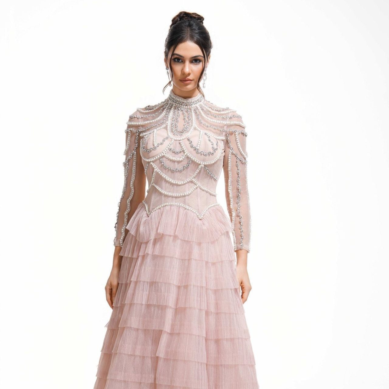 Elegant And Heavy Craft Long Sleeve Beaded Dress