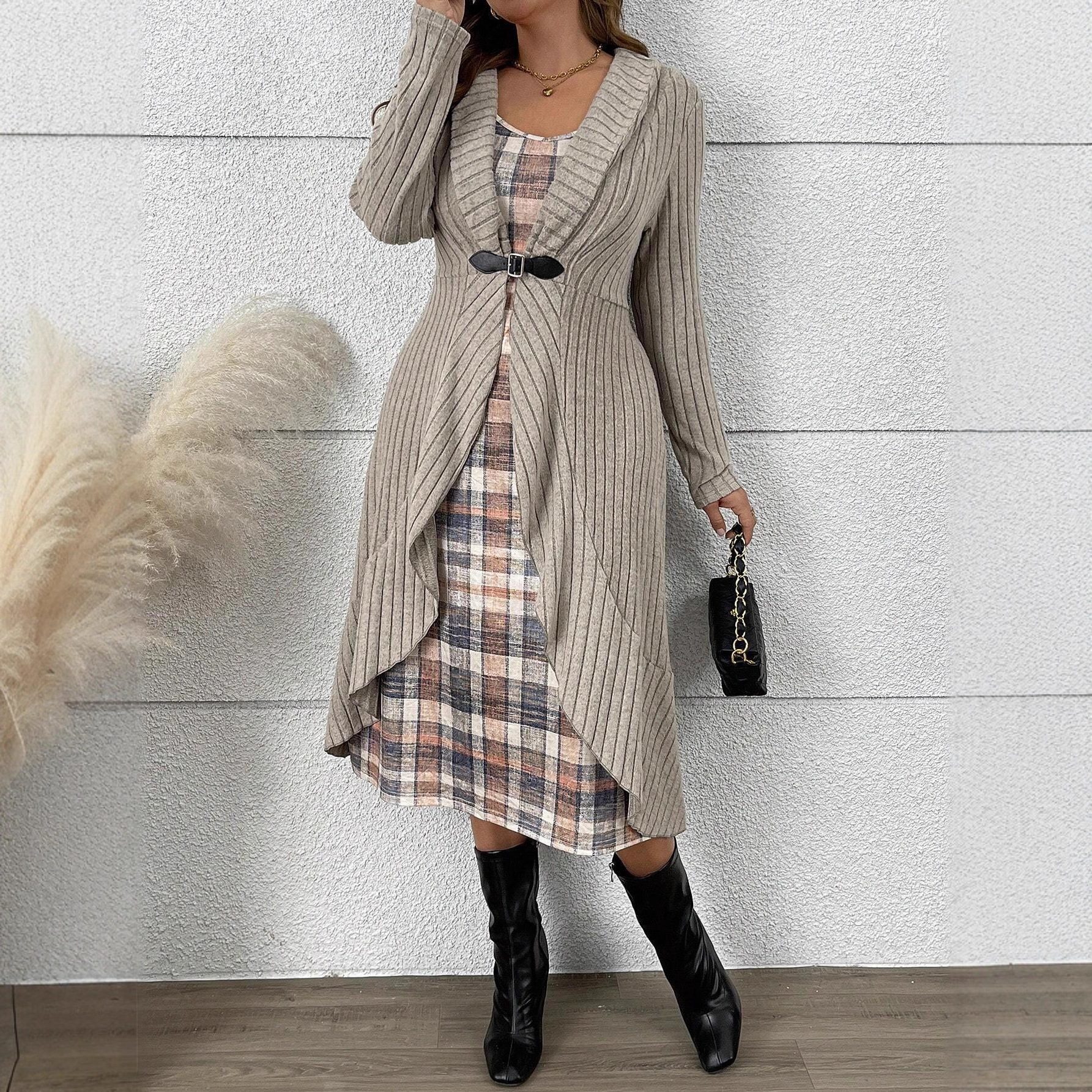 Buy Women's Clothing Online | Buy Trending Dresses for Women Autumn & Winter Pleated Cardigan Trench Coat with Shawl – Knitted Coat Dress Suit for Women