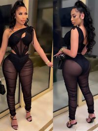 Women's Fashion Sexy Mesh See-through Irregular Top Two-piece Suit