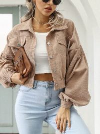 Casual Lapel Corduroy Jacket With Lantern Sleeves And Single-breasted Women's Short Coat