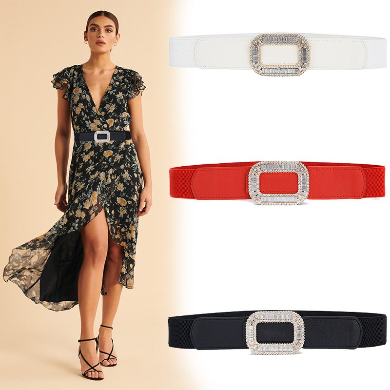 Women's Rhinestone Inlaid Pair Buckle Elastic Elastic All-match Girl Dress Belt