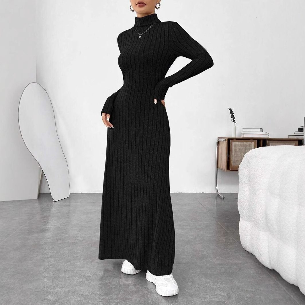 Women's Slim Fit Turtleneck Rib Fabric Brushed Long Sleeve Dress