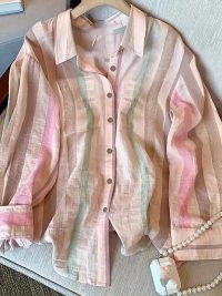 Womens Button Down Shirts Stylish Striped Long Sleeve Collared Office Work Blouses Tops