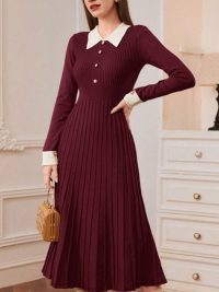 French Style Retro Elegant Lapel A- Line Long Sleeve Knitted Dress