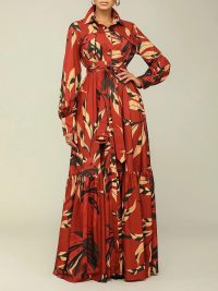 Lapel Lace-up Printed Long Sleeve Shirt Skirt Long Dress