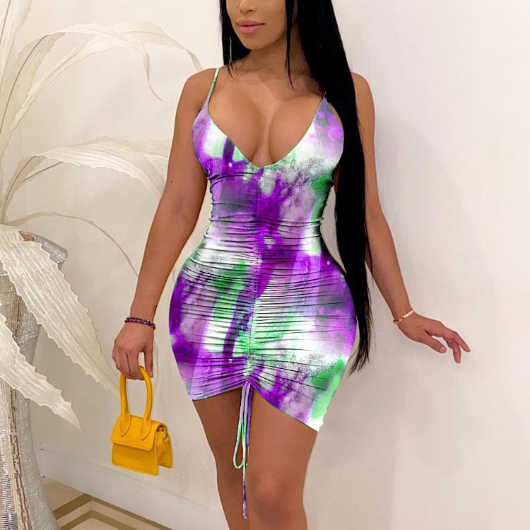 Deep V-neck Tie-dye Print Slim Fit Dress