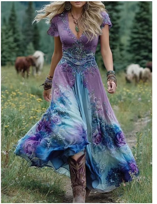 Women's Loose All-match Creative Pattern Totem Deep V Short Sleeve Dress