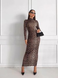 Fashion Leopard Print Stand Collar Long Sleeve Long Dress