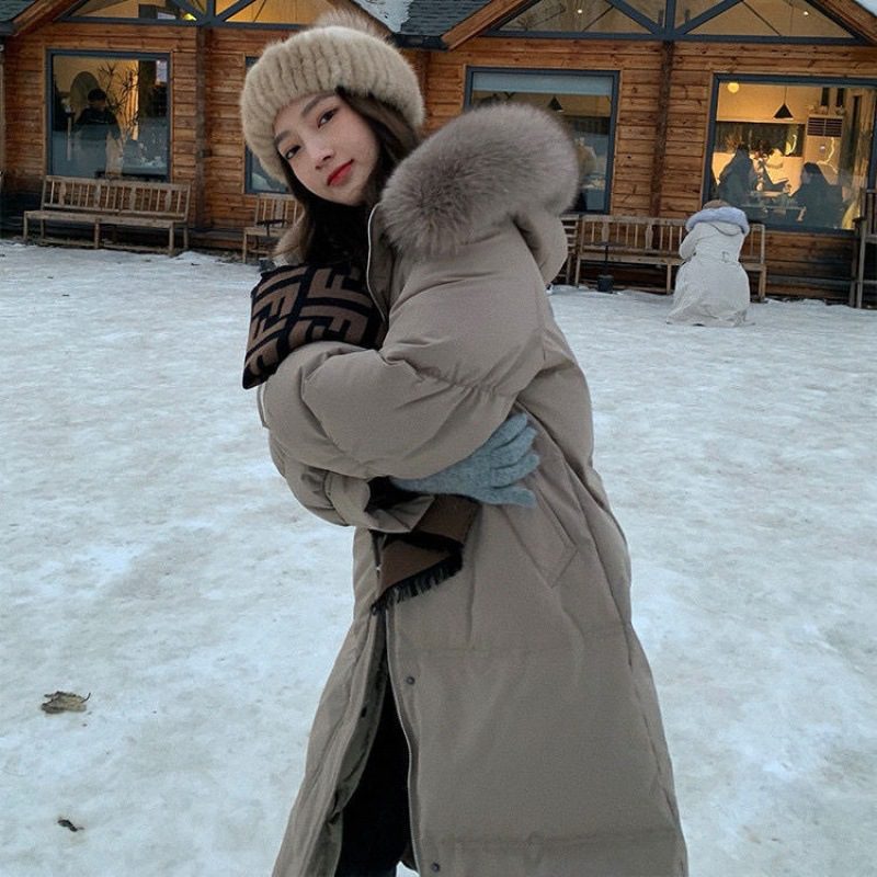 White Duck Down Jacket Women's Mid-length Big Fur Collar Loose Thick