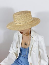 Women's Detachable Pearl Chain Flat Top Straw Hat