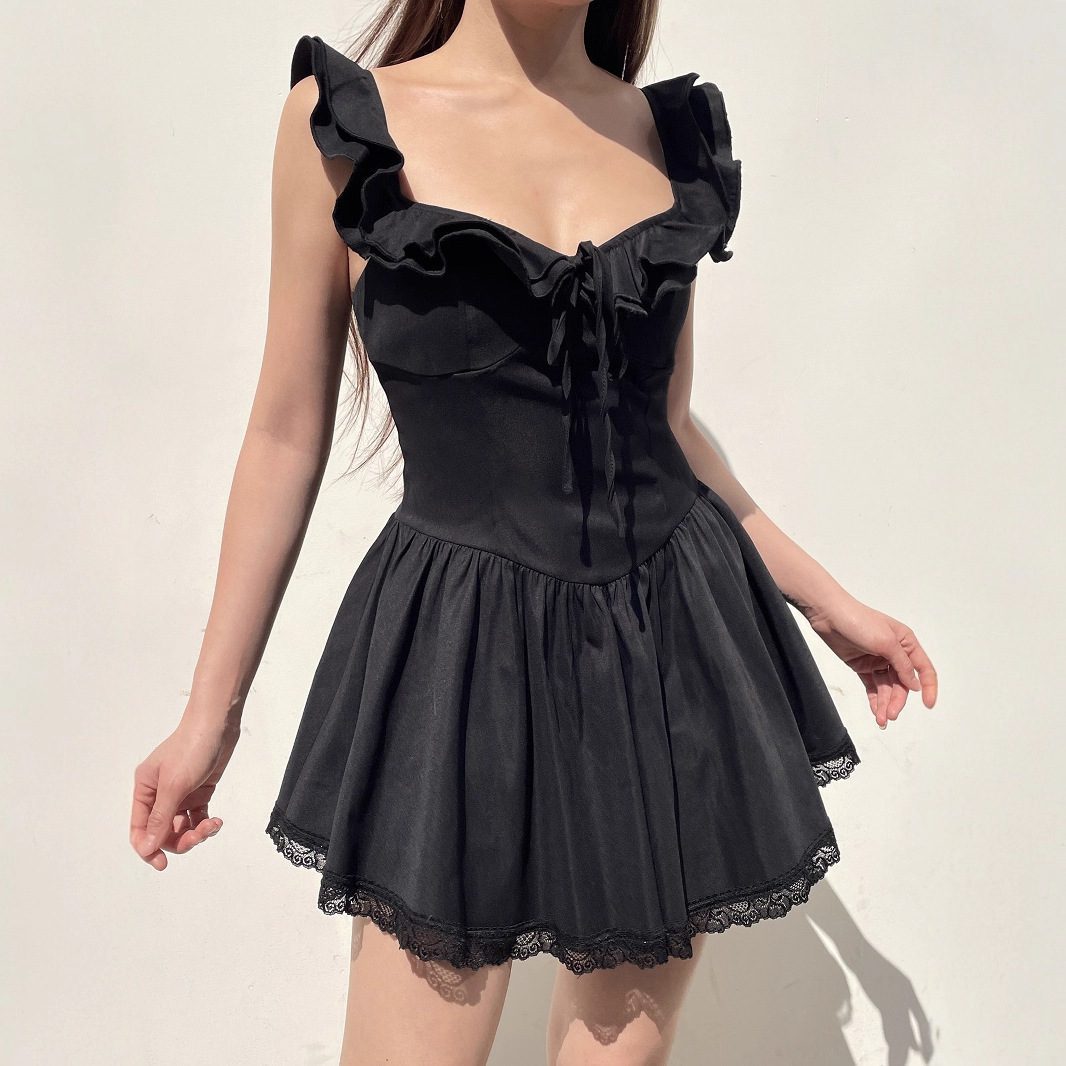 Lace Edge Stitching Depth V-neck Lace-up Dress