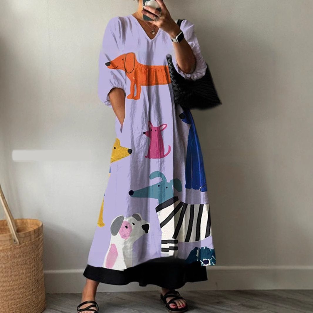 Buy Women's Clothing Online | Buy Trending Dresses for Women Loose V-neck Fashion High-end Long Sleeve Printed V-neck Dress