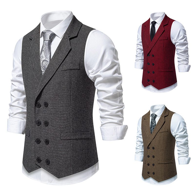Men's Herringbone Tweed Suit Vest Retro Lapels Double Breasted Vest