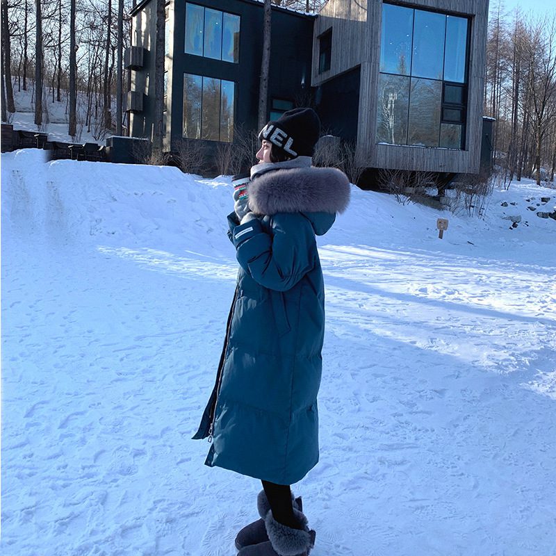 White Duck Down Jacket Women's Mid-length Big Fur Collar Loose Thick