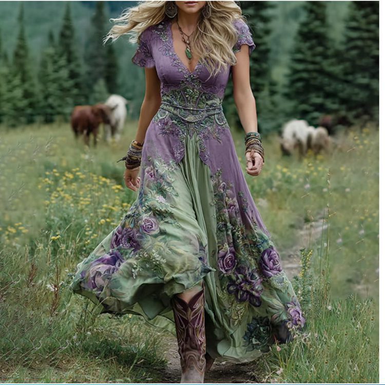 Women's Loose All-match Creative Pattern Totem Deep V Short Sleeve Dress