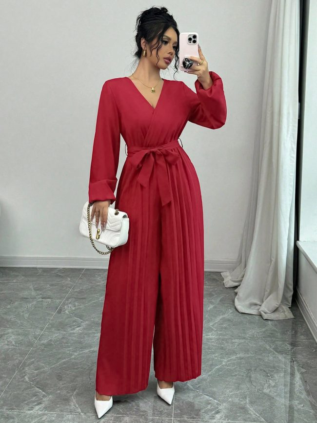 Casual Lace-up Solid Color Cross High Waist V-shaped Pleated Jumpsuit