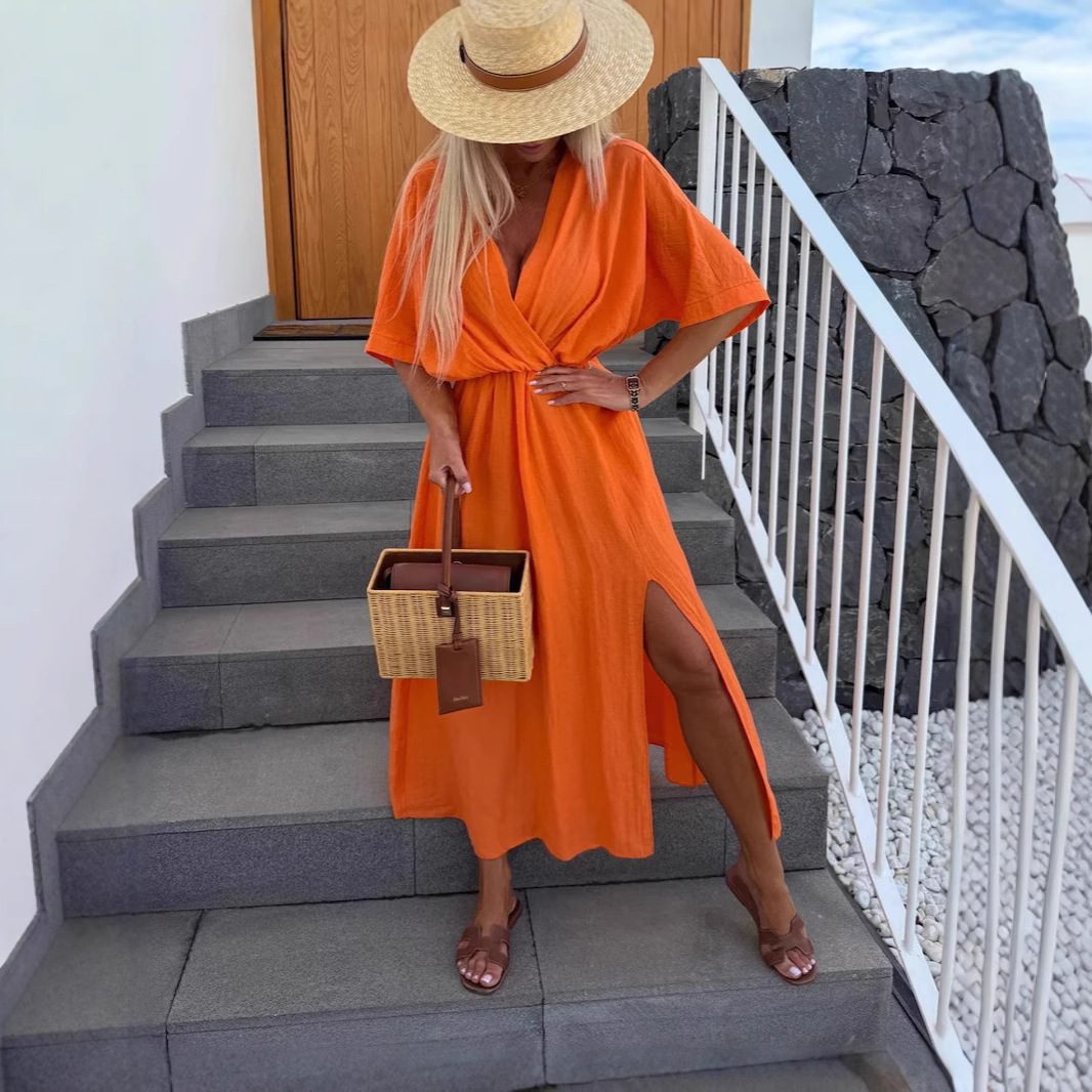 Solid Color And V-neck Chest-wrapped Dress 5-point Sleeve Vacation Style