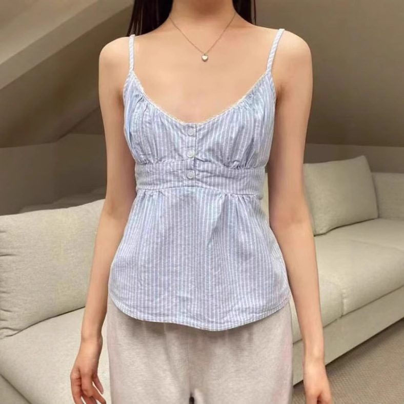 Buy Women's Clothing Online | Buy Trending Dresses for Women Blue And White Striped Lace V-neck Lace-up Camisole
