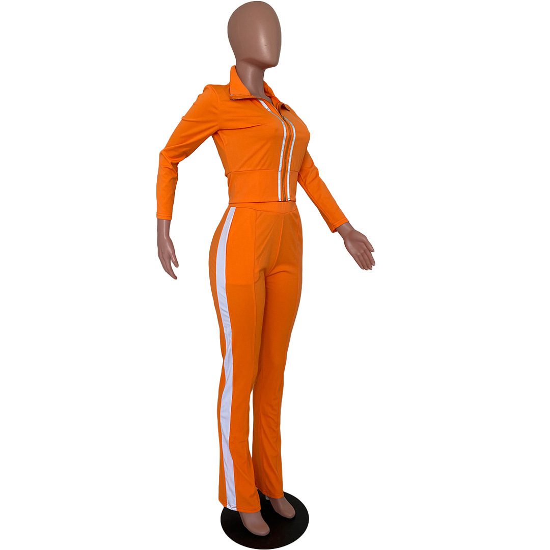 Pure color stitching fashion sports two-piece suit