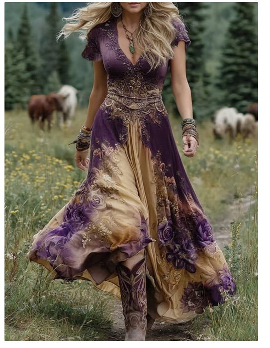 Women's Loose All-match Creative Pattern Totem Deep V Short Sleeve Dress