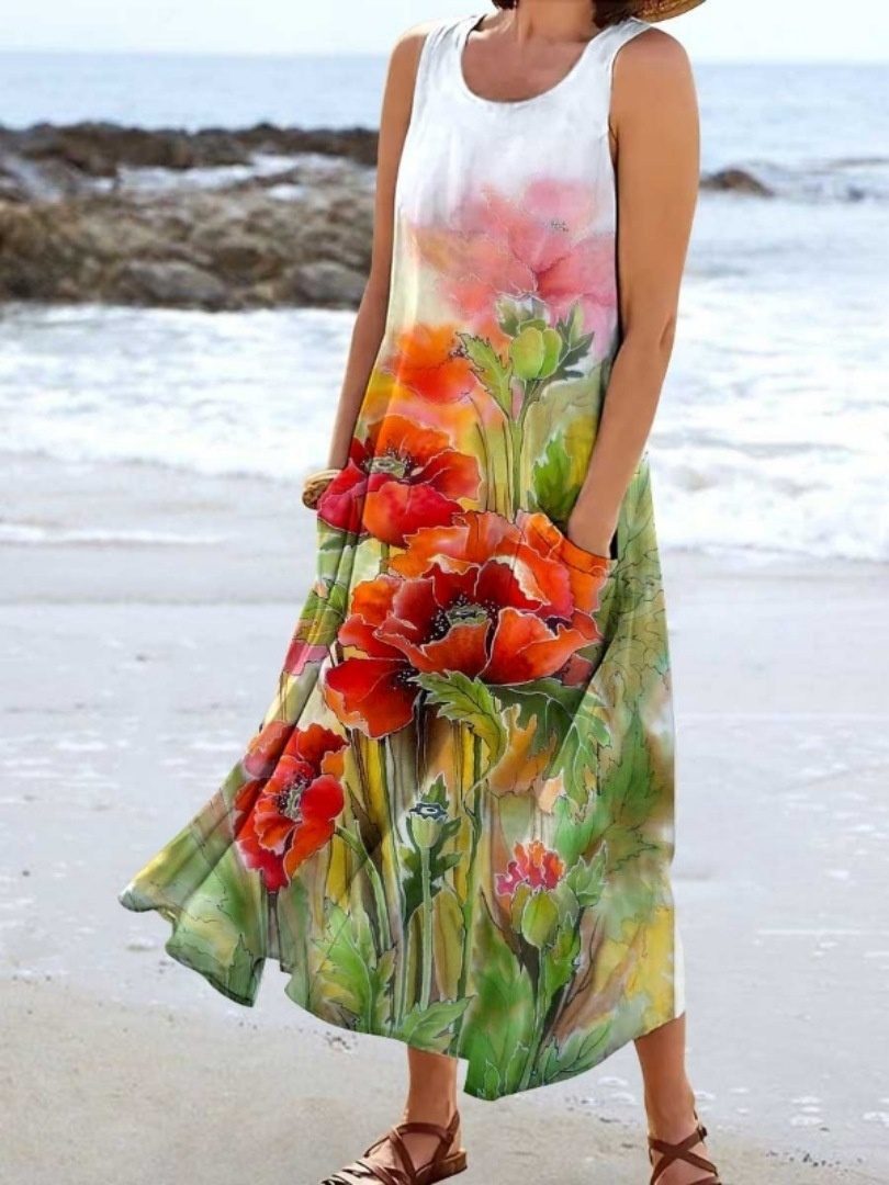 Women's Landscape Floral Maxi Dress Slim Fit Casual Skirt