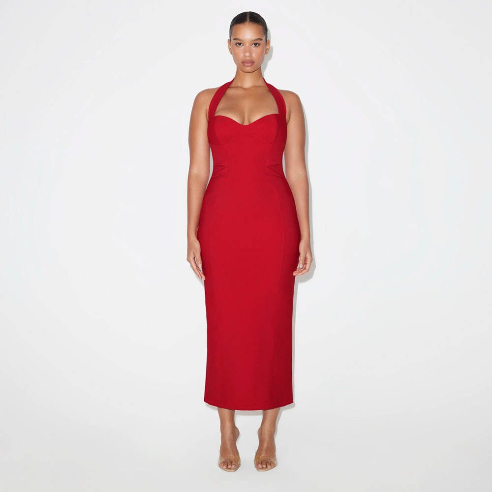 Sexy Halter Tube Top Solid Color Waist Tight Slit Slim-fitting Dress
